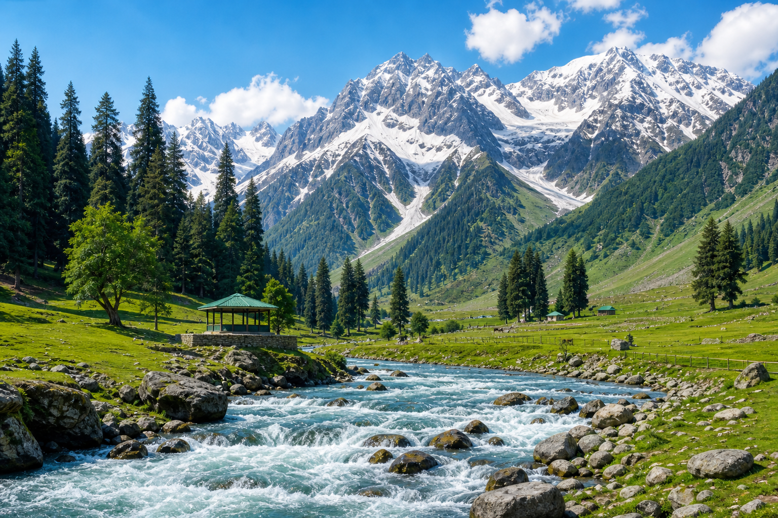 Sonamarg meadow river and snow mountains